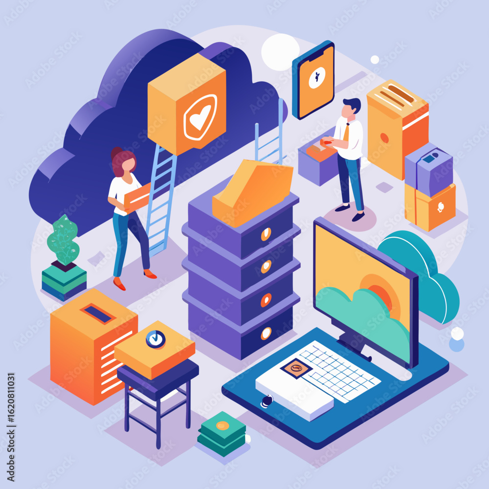 Poster isometric illustration of cloud computing data storage and security with people interacting with dig