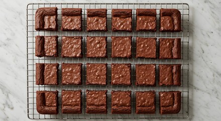 Brownies perfectly lined up on a metal grid, captured in refined editorial style.