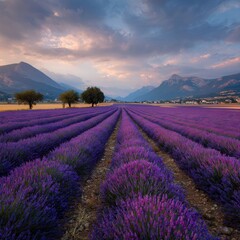 Fototapeta premium A large field of lavender in full bloom, with rows upon rows stretching as far as the eye can see, creating an enchanting and vibrant scene that captures nature's beauty at its.