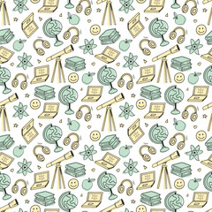 Back to school seamless vector pattern. Pattern school supplies. Vector illustration. Hand-Drawn doodle sketch, Flat design. Multicolored elements