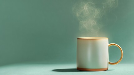 Minimalist Ceramic Coffee Mug with Rising Steam and Glowing Edge Light – Flat Lay on Soft Background