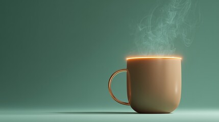 Minimalist Ceramic Coffee Mug with Rising Steam and Glowing Edge Light – Flat Lay on Soft Background