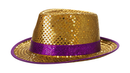 Sparkling gold sequin fedora with purple band exudes festive flair for parties and celebrations
