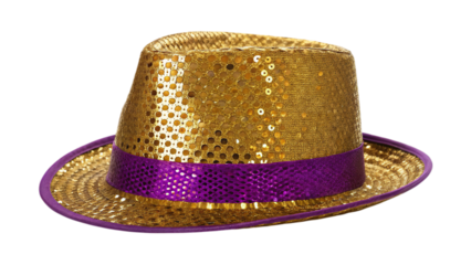 Sparkling gold sequin fedora with purple band exudes festive flair for parties and celebrations