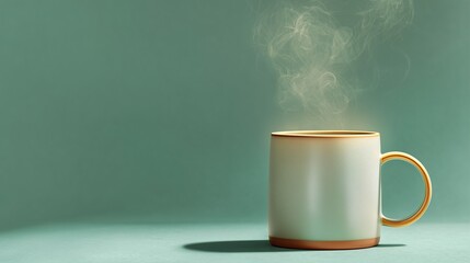 Minimalist Ceramic Coffee Mug with Rising Steam and Glowing Edge Light – Flat Lay on Soft Background