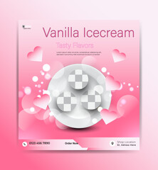 Sweetness dairy strawberry flavor vanilla ice cream, scoops presant, advertising post, Sweet cool dessert