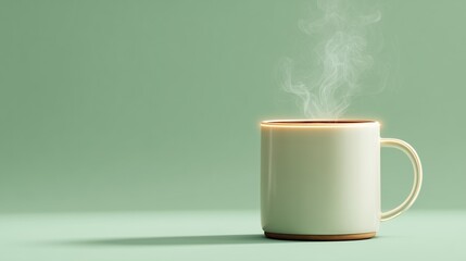 Minimalist Ceramic Coffee Mug with Rising Steam and Glowing Edge Light – Flat Lay on Soft Background