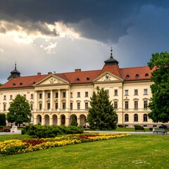 Grand European building, park, and clouds
