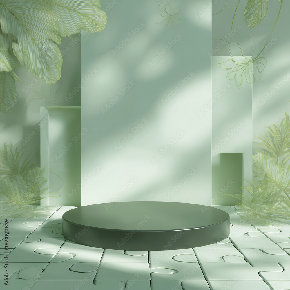 Poster a light green background with shadows of palm leaves and geometric shapes, featuring an empty black 