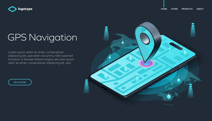 GPS navigation app concept in isometric vector illustration. Smartphone application for global positioning system. Tracking system on mobile device.