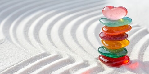 Stack of Colorful  Glass Pebbles on Kinetic Sand 