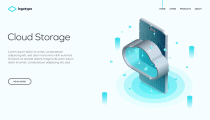 Cloud storage in isometric vector design. Mobile service or app with data transfer. Online computing technology. Abstract network connection.