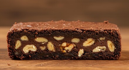 Earthy and natural delight: diagonally sliced brownie with walnuts and chocolate on display