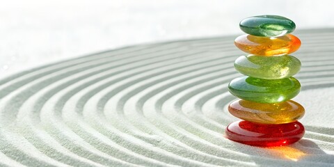 Stack of Colorful  Glass Pebbles on Kinetic Sand 