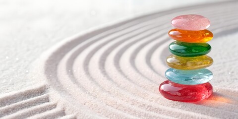Stack of Colorful  Glass Pebbles on Kinetic Sand 