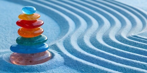 Stack of Colorful Glass Pebbles on blue Kinetic Sand