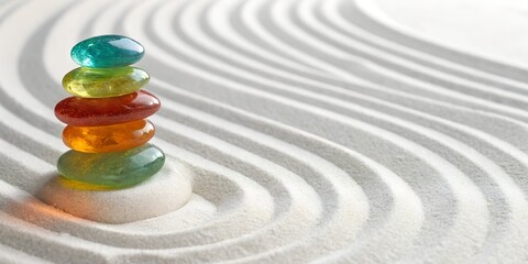 Stack of Colorful  Glass Pebbles on Kinetic Sand 