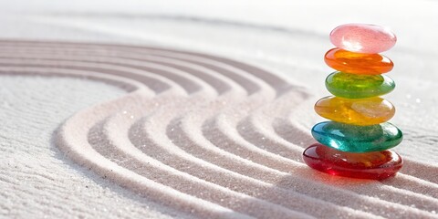 Stack of Colorful  Glass Pebbles on Kinetic Sand 