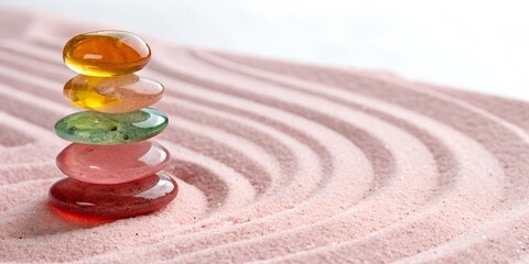 Stack of Colorful Transparent Glass Pebbles on pink Kinetic Sand 