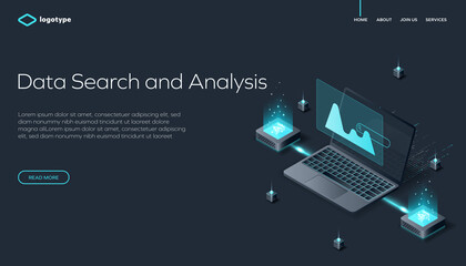 Data search and analysis in isometric vector design. Datacenter or data center room background. Network mainframe infrastructure website layout. Computer storage or farming workstation.