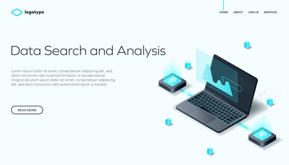 Data search and analysis in isometric vector design. Datacenter or data center room background. Network mainframe infrastructure website layout. Computer storage or farming workstation.