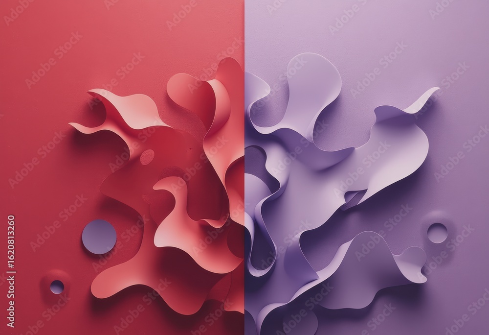 Poster abstract illustration featuring complementarity with opposing patterns in red and purple