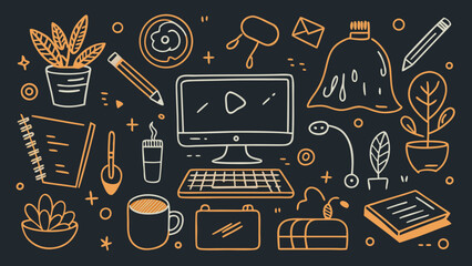 Hand drawn doodle illustration of workspace with computer, plants, coffee and office supplies