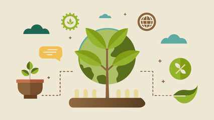 Eco friendly concept with growing plant, green leaves, globe and sustainable development icons