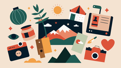 Flat travel collage with mountain landscape, cameras, map, sun and various vacation elements
