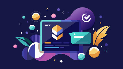 Modern digital interface with abstract shapes, data charts and coding elements in vibrant colors