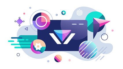 Futuristic digital interface with abstract geometric shapes, gradients and modern icons