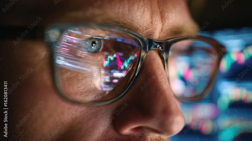 Poster focused crypto trader analyst wearing eyeglasses working looking at computer screen reflecting in gl