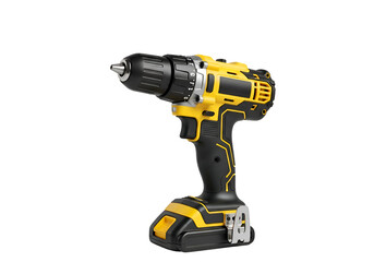Yellow and black cordless drill isolated on black background.