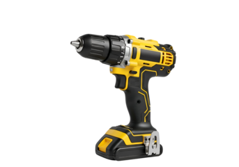 Yellow and black cordless drill isolated on black background.