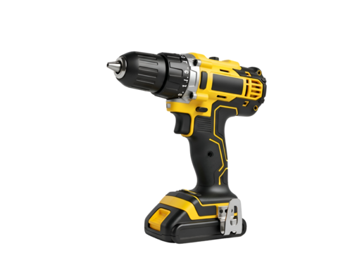 Yellow and black cordless drill isolated on black background.