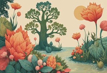 Abstract ecosystem illustration featuring vibrant flora and a serene waterway