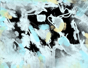 Abstract White, Blue, and Yellow Brush Strokes on Black Background