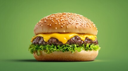 Perfect Juicy Cheeseburger with Sesame Bun Floating on Green Background – Photorealistic Studio Food Shot