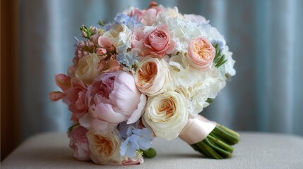 A luxurious wedding bouquet in pastel colors, featuring a mix of roses, peonies, and hydrangeas, tied with a satin ribbon for a sophisticated and elegant look.