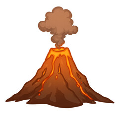 Cartoon Illustration of an Erupting Volcano with Flowing Lava and Smoke Plume