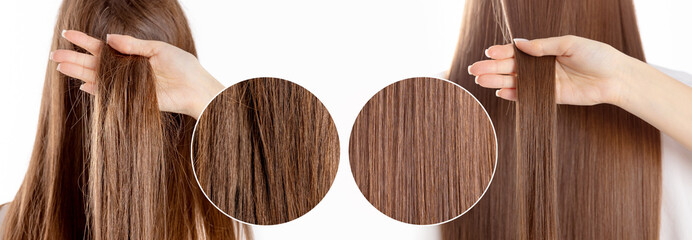 Before and after salon keratin treatment haircare banner. Restoring hair texture after damage from...