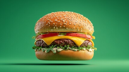 Perfect Juicy Cheeseburger with Sesame Bun Floating on Green Background – Photorealistic Studio Food Shot