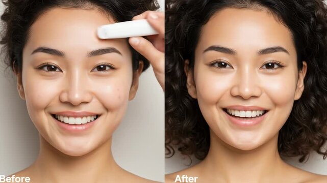 Before & After: Facial Cleansing and Skin Treatment - A split-screen shows a young woman's face before and after a facial cleansing and skin treatment.