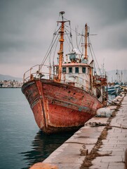 an old fishing vessel moored in the port