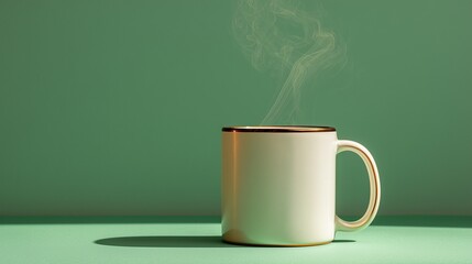 Minimalist Ceramic Coffee Mug with Rising Steam and Glowing Edge Light – Flat Lay on Soft Background