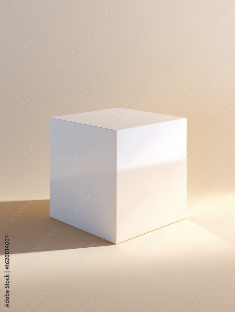 Poster glossy white cube pedestal with subtle shadows on a neutral gradient background, minimalism abstract
