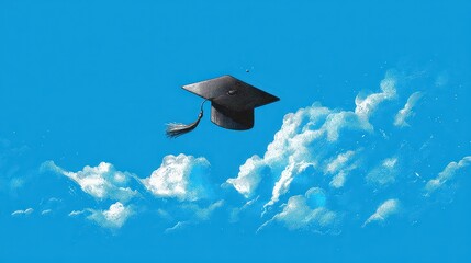 Graduation cap soaring above clouds; sky background; education concept