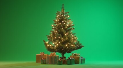 Small Decorated Christmas Tree with Fairy Lights and Gifts on Green Screen Background – Studio Holiday Shot
