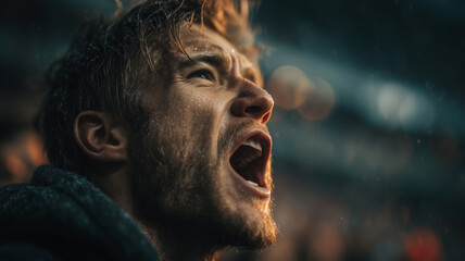Fototapeta premium Young man passionately cheers at a sports event on a rainy night