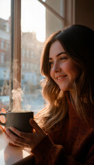 Woman with hot coffee by the window in café, vertical format